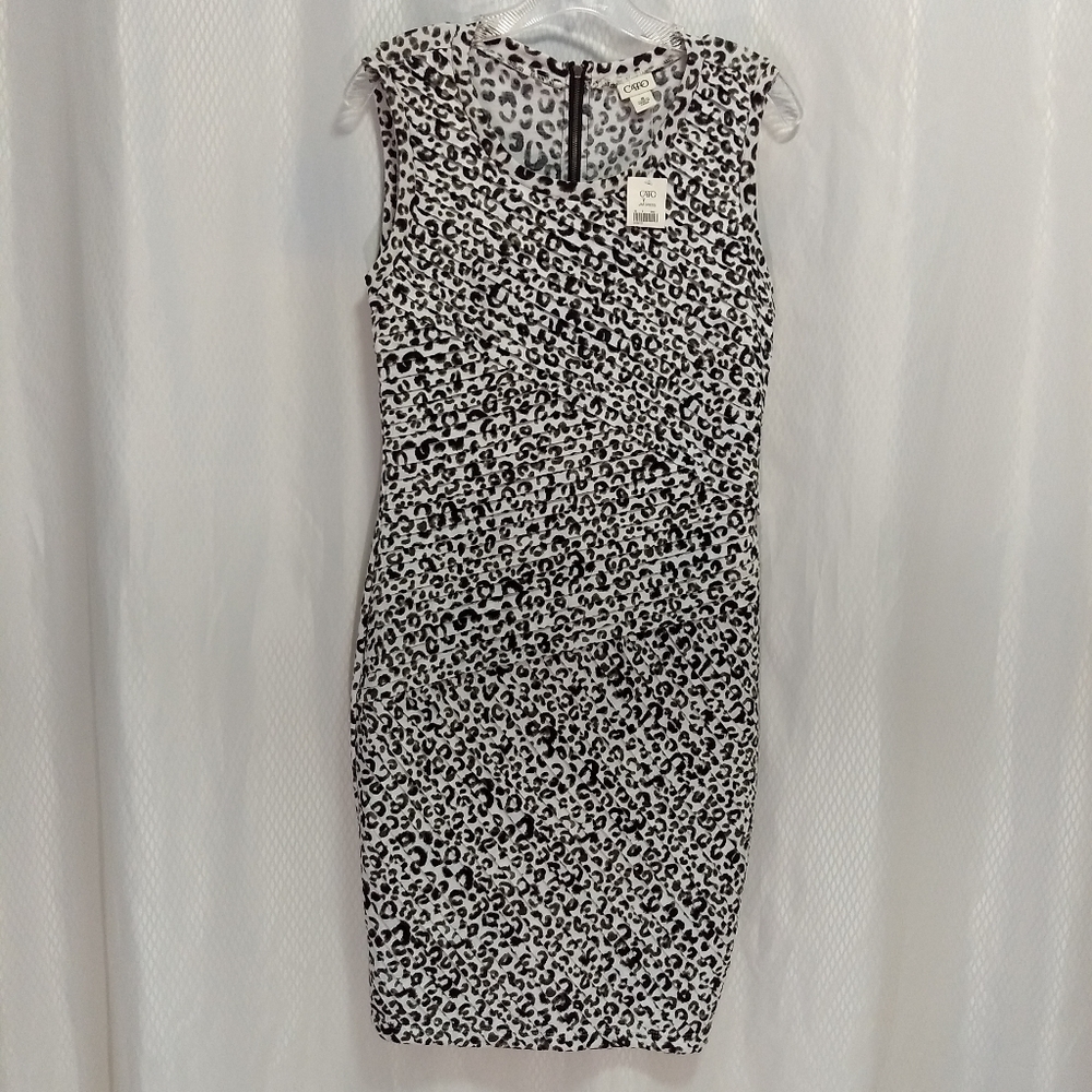 Cato Sleeveless Sheath Dress, Cross-Pleat Black/White Leopard Print, J/M Size 10